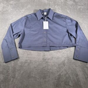 Helsa Shirt Womens Small Slate Blue Chino Cropped Button Down Organic Cotton NEW